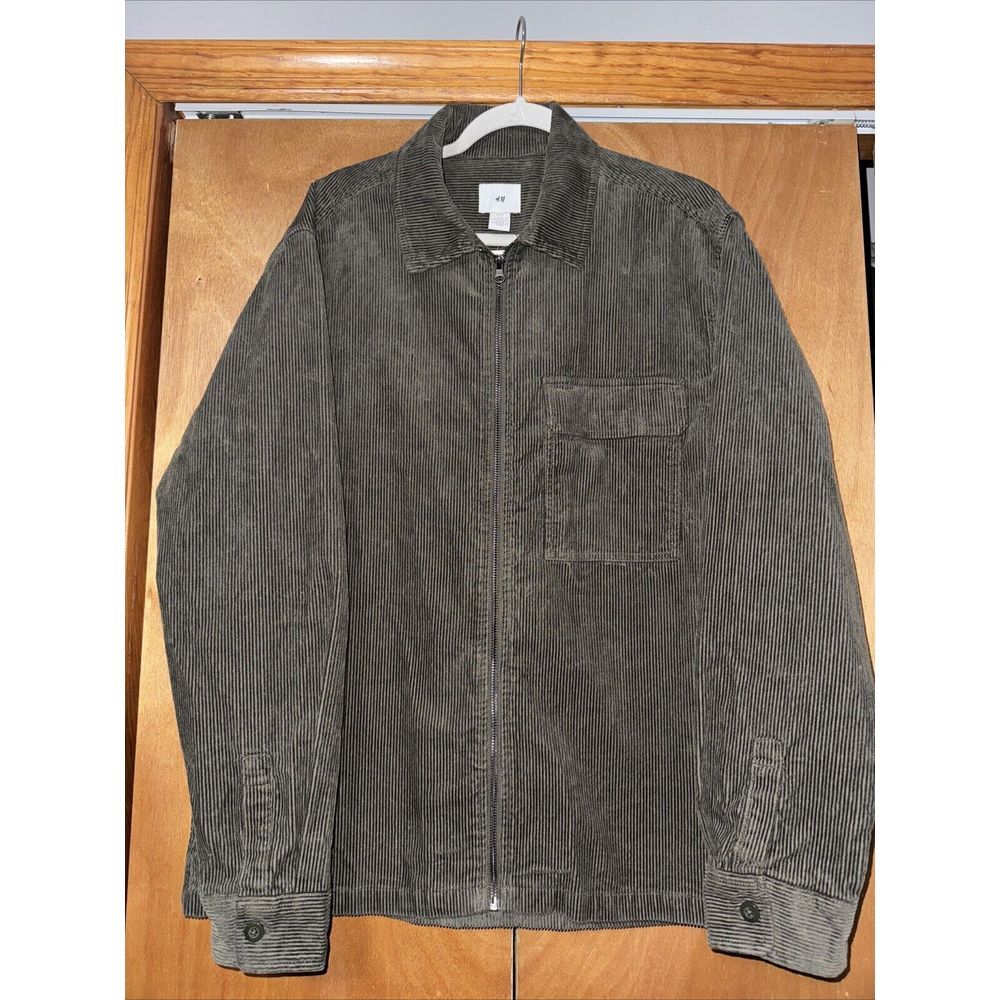 H&M Mens Jacket  Large Olive Green‎ Full Zip Pockets Long Sleeve Corduroy